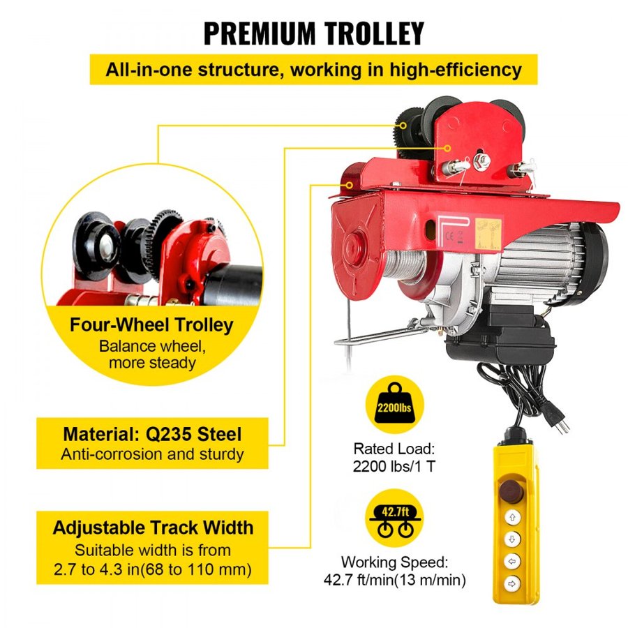 VEVOR Wire Rope Electric Hoist with Trolley – 2200lbs, 1800W