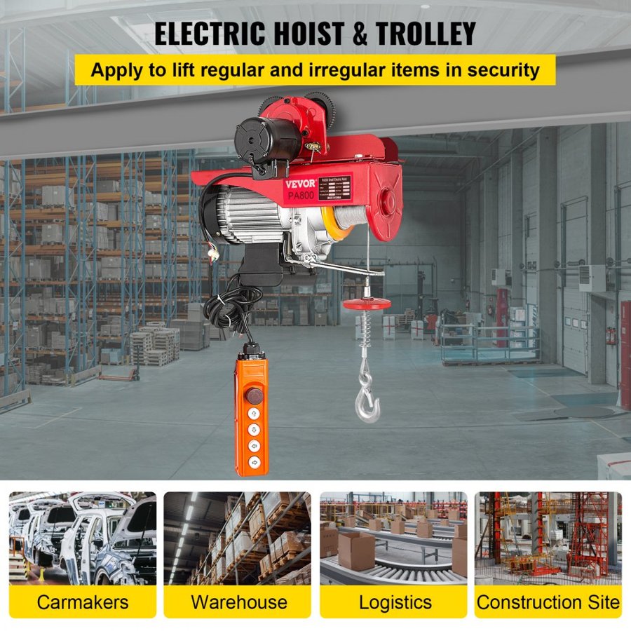 VEVOR Electrical Wire Rope Hoist & Trolley – 1700 lbs, 1300W