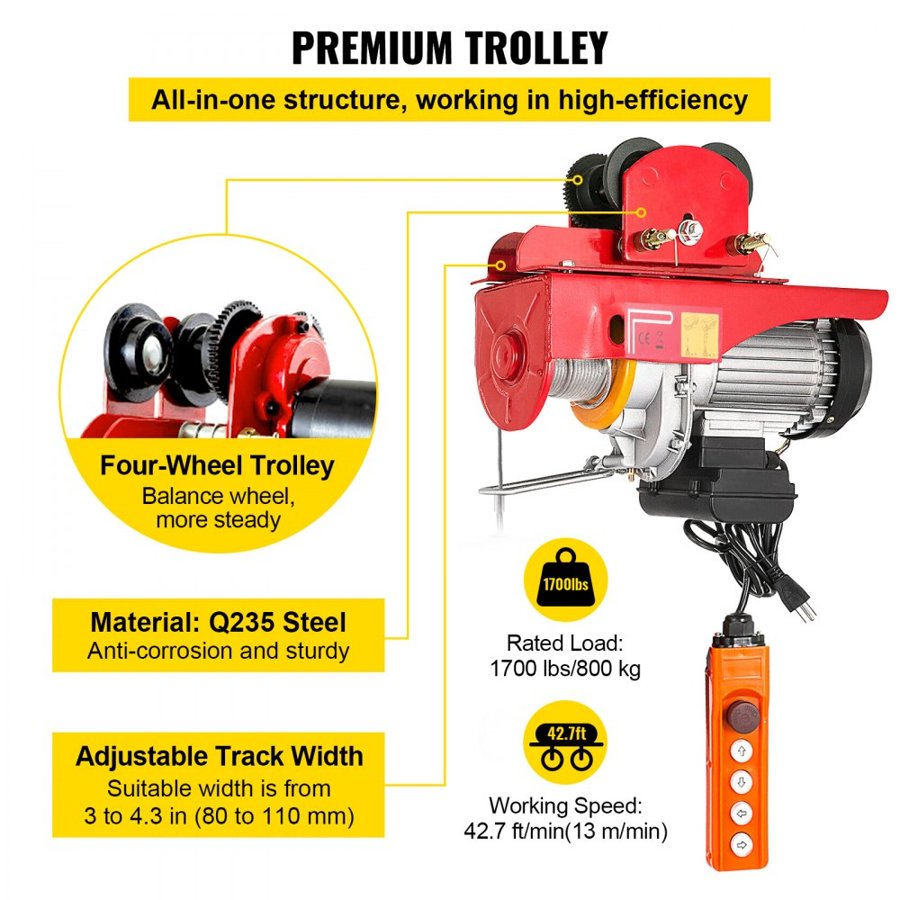 VEVOR Electrical Wire Rope Hoist & Trolley – 1700 lbs, 1300W