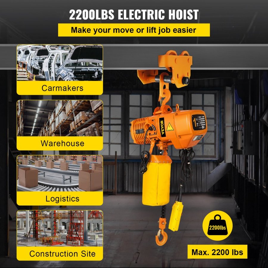 VEVOR Single Phase Electric Hoist – 2200 lbs, 1.1KW