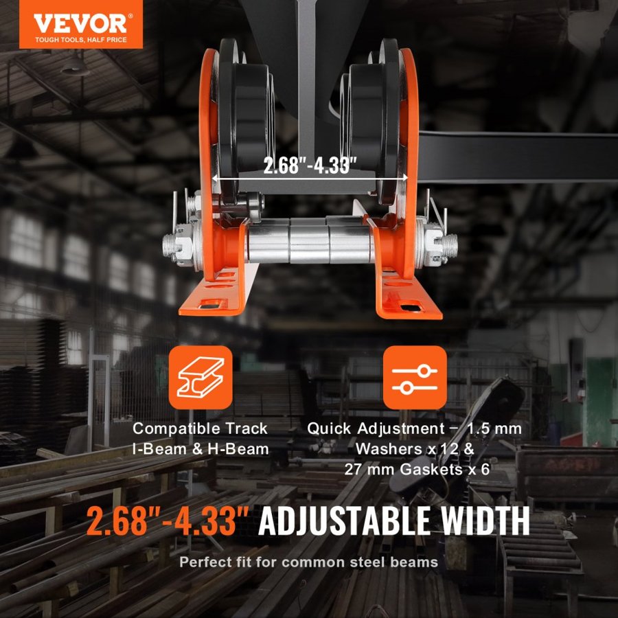 VEVOR Electric Hoist Manual Trolley, 998 kg/1 Ton Capacity for PA200 PA250 PA300 PA400 PA500, Push Beam Trolley with Dual Wheels, 6.8 cm-11 cm Adjustable Beam Flange Width for Straight Curved I Beam