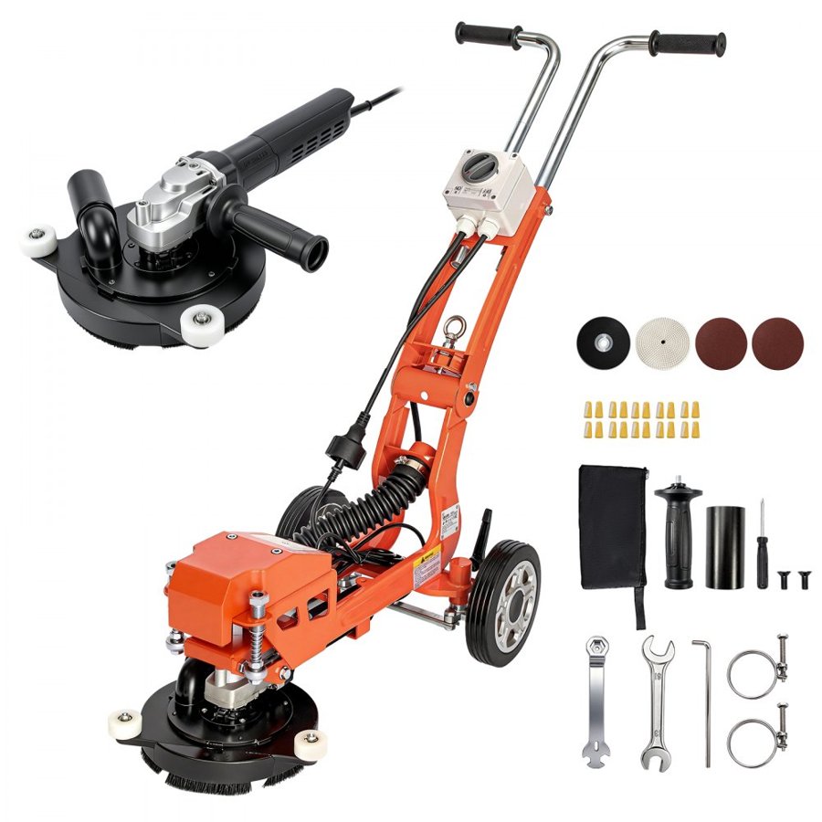VEVOR Electric Concrete Grinder 1400W 3700 RPM, Walk Behind Floor Polisher, Marble, Stone, Epoxy Floor Polishing, 18 cm Grinding Disc, Adjustable Handle, with Vacuum Port, Dual Debris Control, Orange