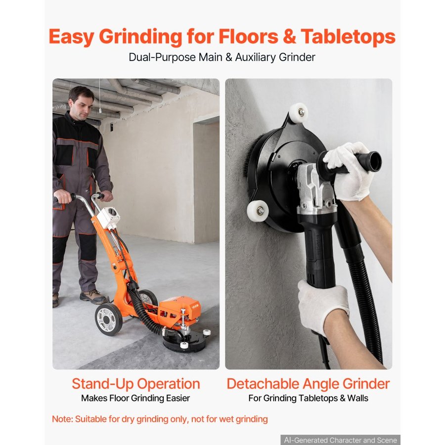 VEVOR Electric Concrete Grinder 1400W 3700 RPM, Walk Behind Floor Polisher, Marble, Stone, Epoxy Floor Polishing, 18 cm Grinding Disc, Adjustable Handle, with Vacuum Port, Dual Debris Control, Orange