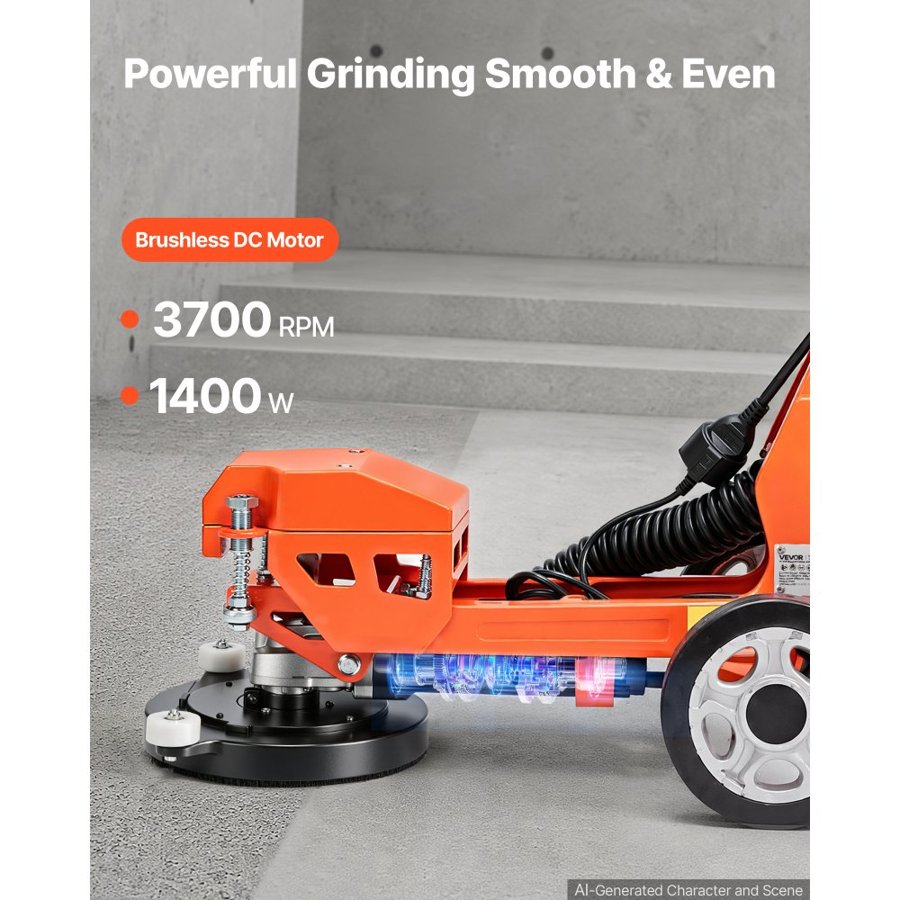 VEVOR Electric Concrete Grinder 1400W 3700 RPM, Walk Behind Floor Polisher, Marble, Stone, Epoxy Floor Polishing, 18 cm Grinding Disc, Adjustable Handle, with Vacuum Port, Dual Debris Control, Orange