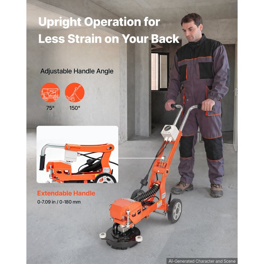 VEVOR Electric Concrete Grinder 1400W 3700 RPM, Walk Behind Floor Polisher, Marble, Stone, Epoxy Floor Polishing, 18 cm Grinding Disc, Adjustable Handle, with Vacuum Port, Dual Debris Control, Orange