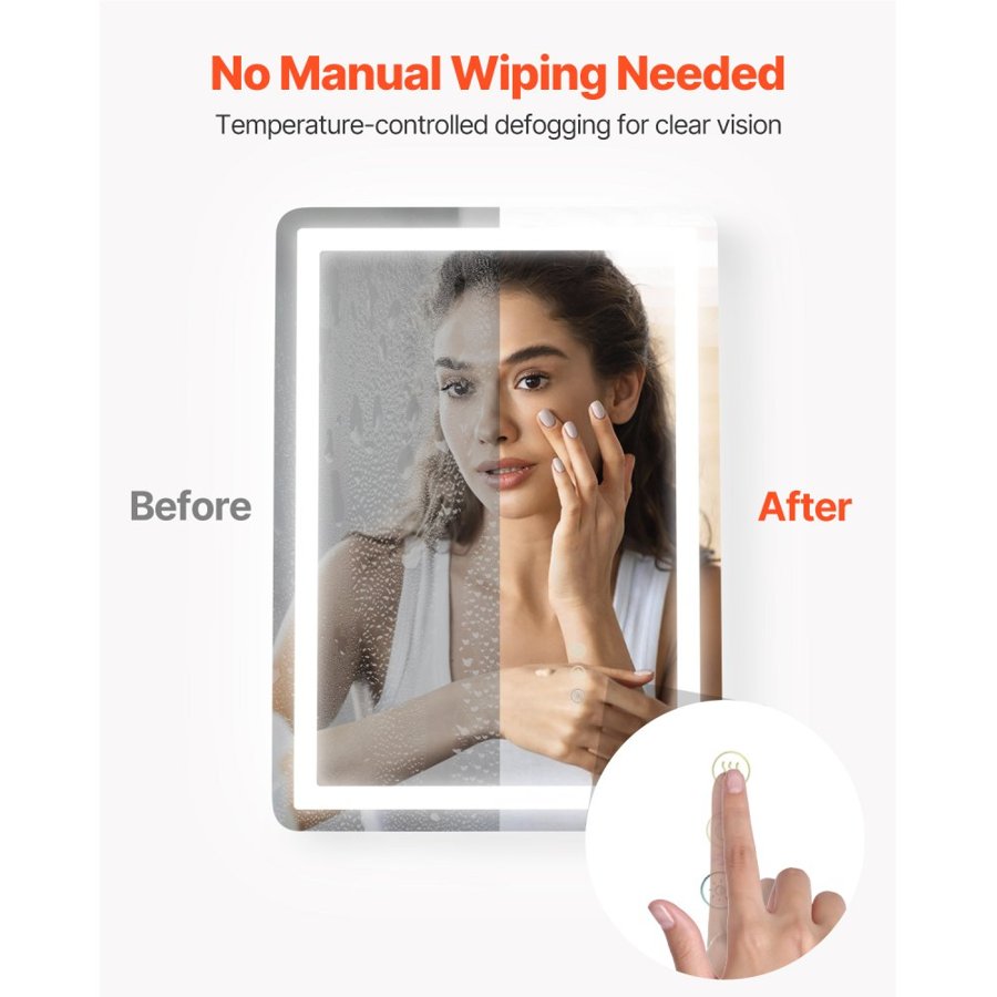 VEVOR LED Bathroom Mirror, 50 x 70 cm LED Bathroom Vanity Mirror with Frontlit and Backlit, Anti-Fog Memory Mirror with Lights, Stepless 3 Colors Temperature Dimmable Bathroom Mirror, Wall Mounted