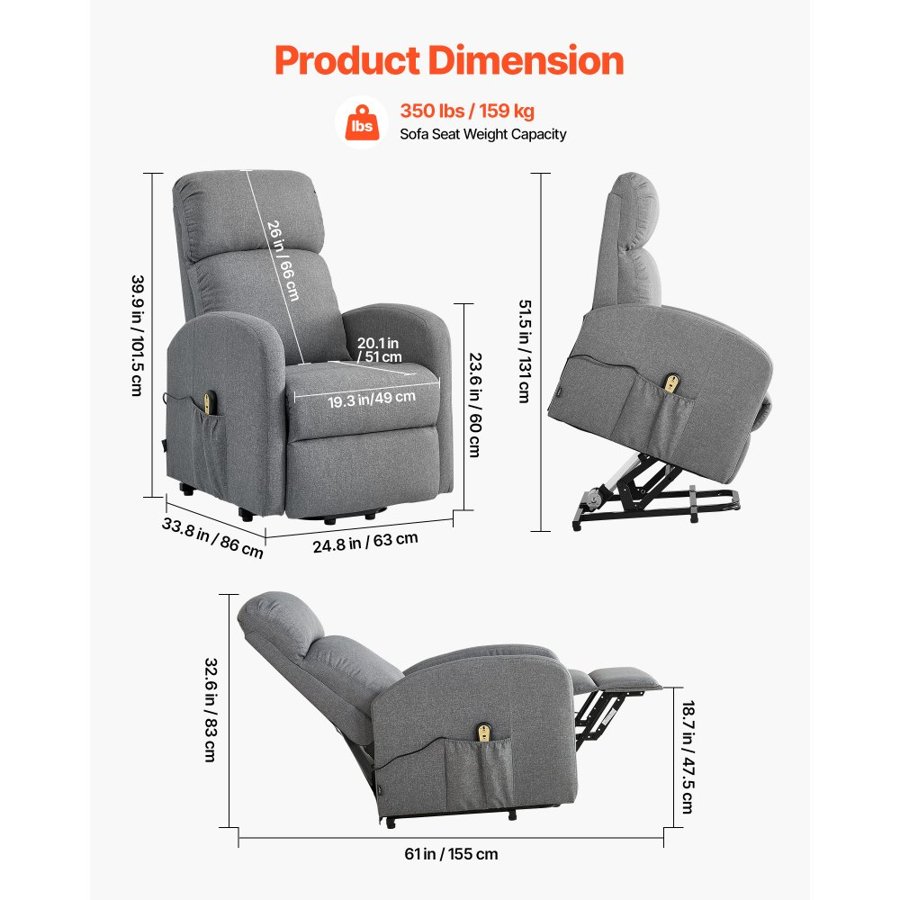 VEVOR Electric Power Lift Chair – SX-81742, 330 lbs, Gray
