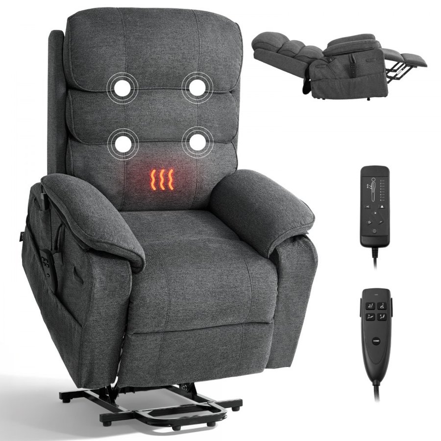VEVOR Power Lift Recliner Chair, Dual Motor, Medium Electric Lift Chair with Heat and Massage for Elderly, Infinite Position Adjustment, Chenille Fabric, Remote Control, with Side Pockets, Dark Gray