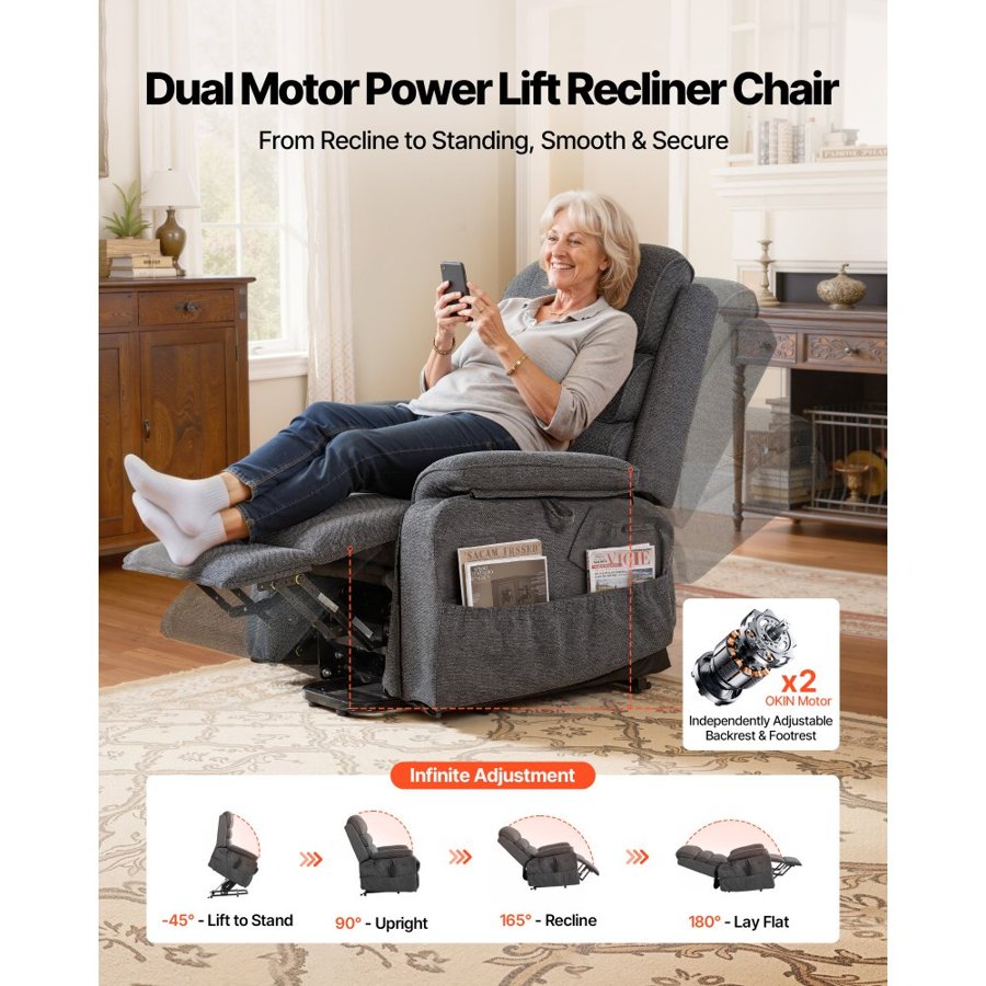 VEVOR Power Lift Recliner Chair, Dual Motor, Medium Electric Lift Chair with Heat and Massage for Elderly, Infinite Position Adjustment, Chenille Fabric, Remote Control, with Side Pockets, Dark Gray