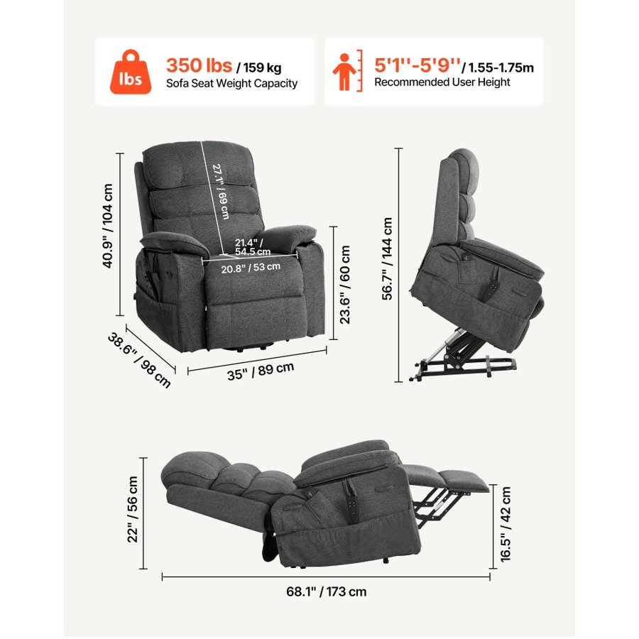 VEVOR Power Lift Recliner Chair, Dual Motor, Medium Electric Lift Chair with Heat and Massage for Elderly, Infinite Position Adjustment, Chenille Fabric, Remote Control, with Side Pockets, Dark Gray