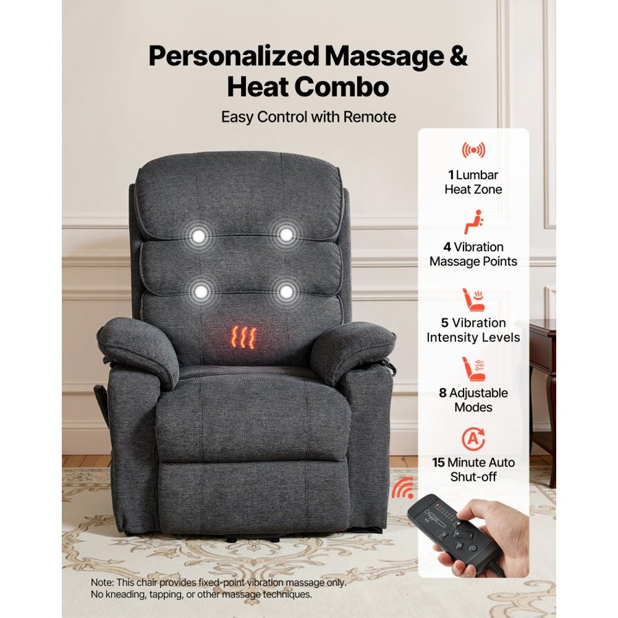 VEVOR Power Lift Recliner Chair, Dual Motor, Medium Electric Lift Chair with Heat and Massage for Elderly, Infinite Position Adjustment, Chenille Fabric, Remote Control, with Side Pockets, Dark Gray