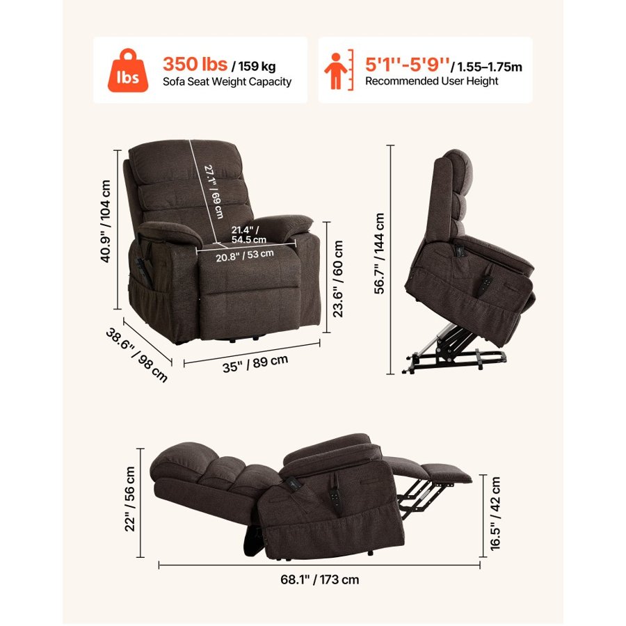 VEVOR Power Lift Recliner Chair, Dual Motor, Medium Electric Lift Chair with Heat and Massage for Elderly, Infinite Position Adjustment, Chenille Fabric, Remote Control, with Storage Pockets, Brown