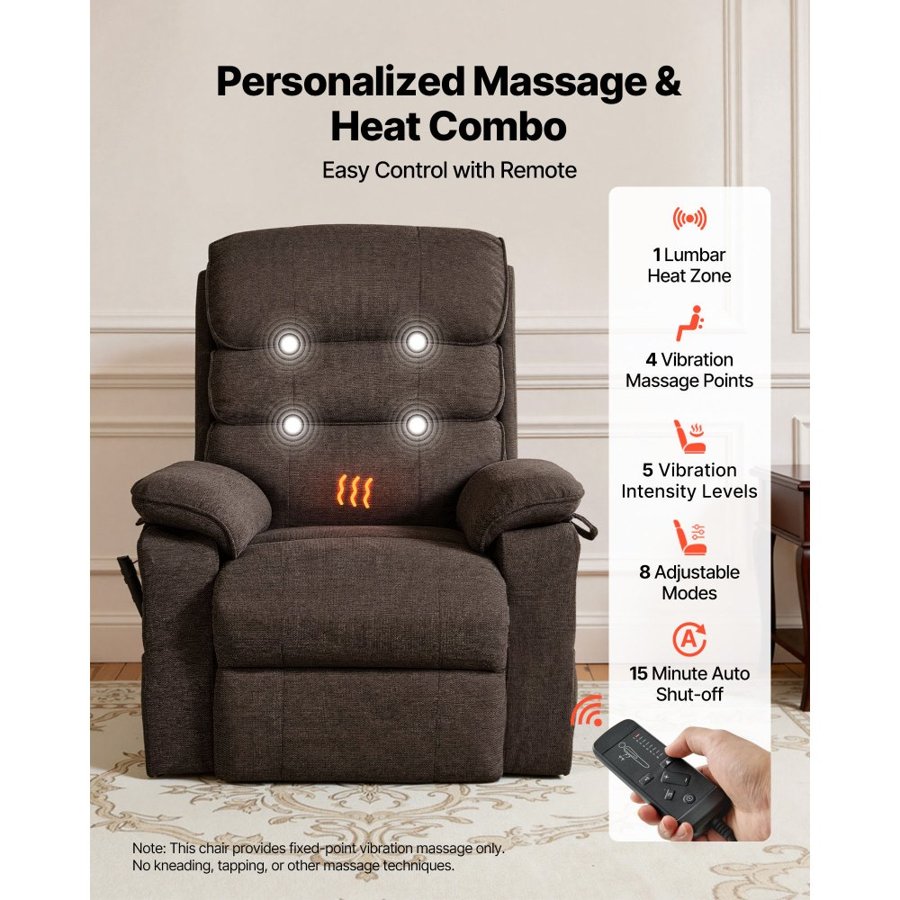 VEVOR Power Lift Recliner Chair, Dual Motor, Medium Electric Lift Chair with Heat and Massage for Elderly, Infinite Position Adjustment, Chenille Fabric, Remote Control, with Storage Pockets, Brown