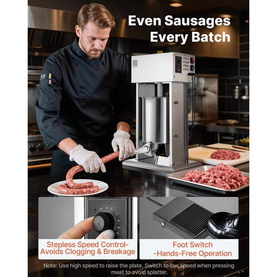 VEVOR Electric Sausage Stuffer, 22 LBS / 10 L Vertical Meat Stuffer, Stepless Speed Control and Foot Pedal, Stainless Steel Heavy Duty Sausage Filler with 4 Stuffing Tubes, for Commercial & Home Use