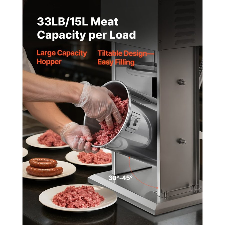VEVOR Electric Sausage Stuffer, 33 LBS / 15 L Vertical Meat Stuffer, Stepless Speed Control and Foot Pedal, Stainless Steel Heavy Duty Sausage Filler with 4 Stuffing Tubes, for Commercial & Home Use