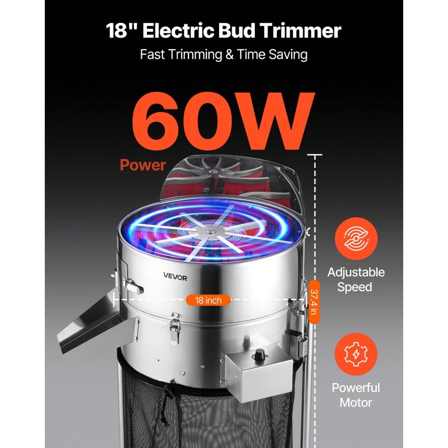 VEVOR Electric Bud Leaf Trimmer, 415mm Tiltable Bud Trimmer with Sharp Stainless Steel Blades, Adjustable Speed, Hydroponic Cutting Machine with Collection Bag Hand Pruner & Scissors, for Leaves Buds