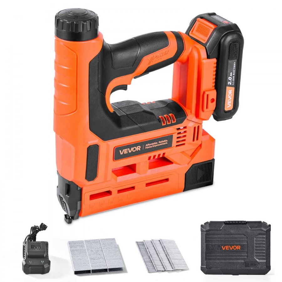 VEVOR Cordless Brad Nailer, 2-in-1 Nail Gun Staple Gun, 18 Gauge 32 mm, Includes 500 Pcs Staples and 500 Pcs Nails, with Battery and Charger, Non-Slip Rubber Grip, for Woodworking DIY Projects