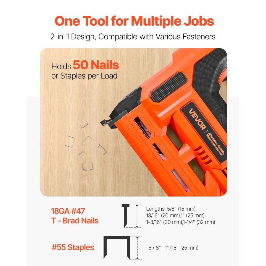 VEVOR Cordless Brad Nailer, 2-in-1 Nail Gun Staple Gun, 18 Gauge 32 mm, Includes 500 Pcs Staples and 500 Pcs Nails, with Battery and Charger, Non-Slip Rubber Grip, for Woodworking DIY Projects