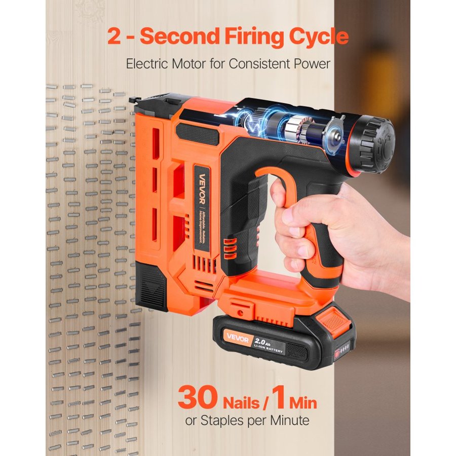 VEVOR Cordless Brad Nailer, 2-in-1 Nail Gun Staple Gun, 18 Gauge 32 mm, Includes 500 Pcs Staples and 500 Pcs Nails, with Battery and Charger, Non-Slip Rubber Grip, for Woodworking DIY Projects