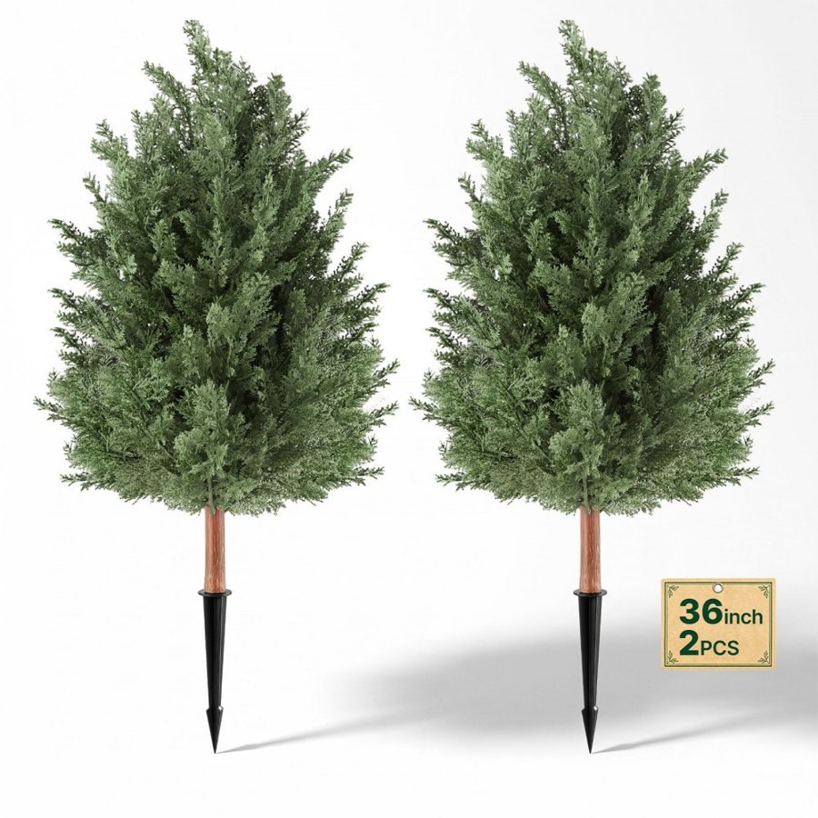 VEVOR Artificial Topiary Cedar Bush 914 mm Set of 2 Greenery Fake Shrubs, PE Faux Trees with Ground Spikes, Indoor & Outdoor Green Plant for Front Door, Entryway, Porch, Balcony, Patio, Garden