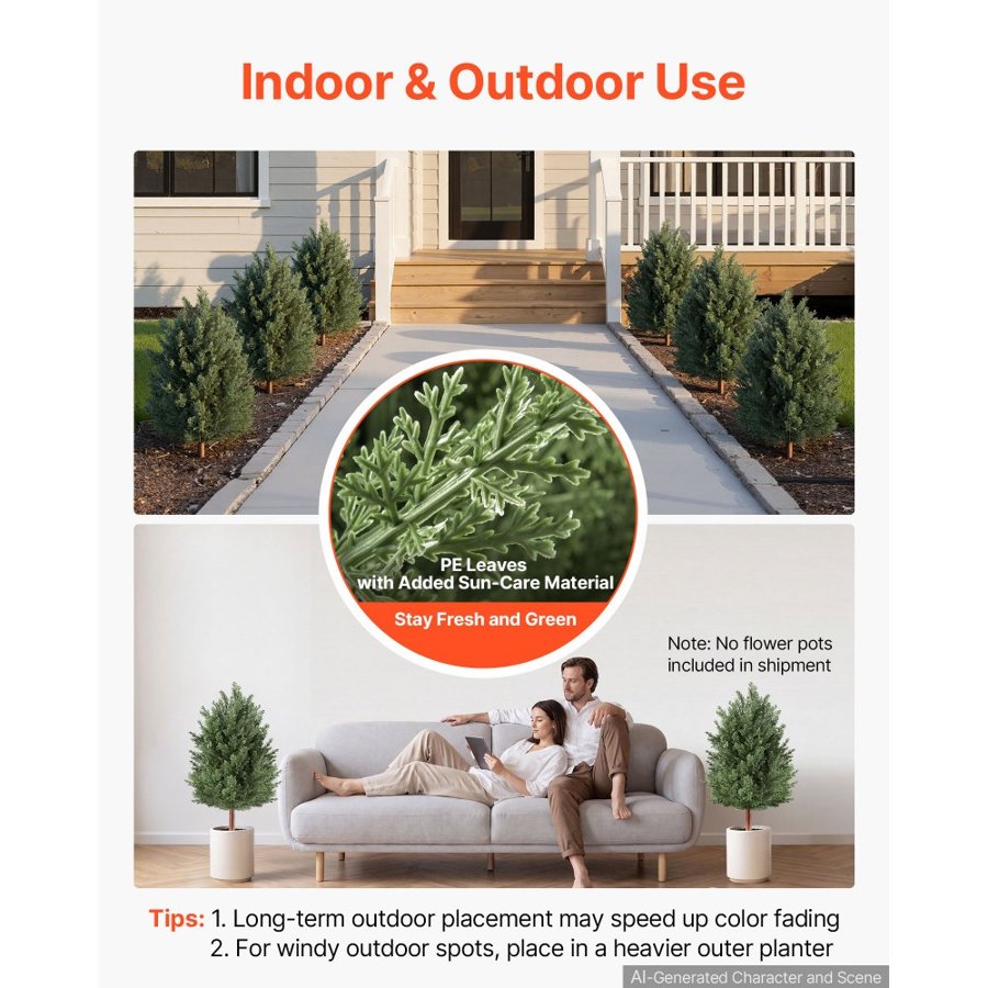 VEVOR Artificial Topiary Cedar Bush 914 mm Set of 2 Greenery Fake Shrubs, PE Faux Trees with Ground Spikes, Indoor & Outdoor Green Plant for Front Door, Entryway, Porch, Balcony, Patio, Garden