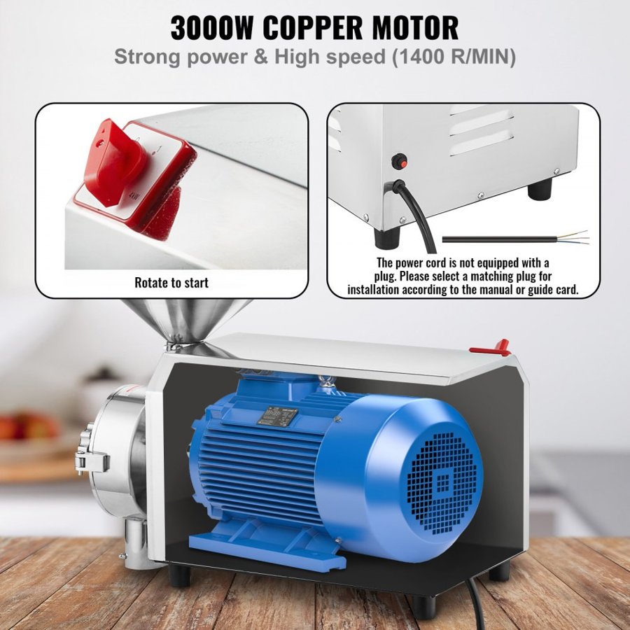 VEVOR Grain Mill Grinder – 3000W, 100kg/h, Stainless Steel