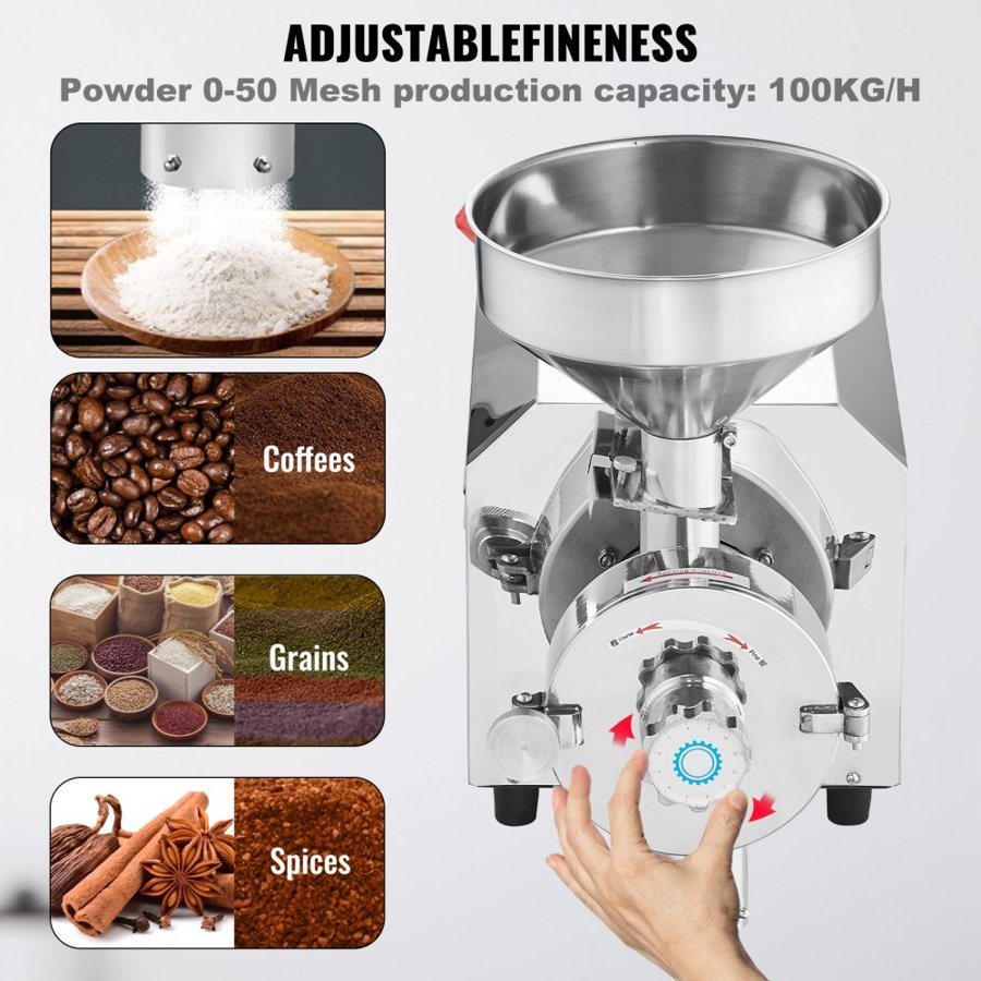 VEVOR Grain Mill Grinder – 3000W, 100kg/h, Stainless Steel