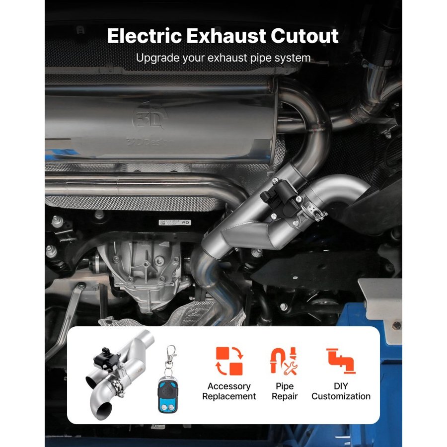 VEVOR Electric Exhaust Cutout, 63.5 mm Universal Stainless Steel Exhaust Valve Kit with One Controller Remote Kit, Cut Out Valve, Y Pipe, Remote Control & Box, Fits Trucks, Sedans, Sports Cars, SUVs
