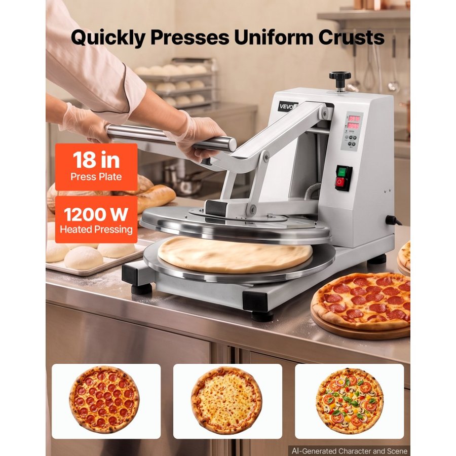 VEVOR Commercial Pizza Dough Press Machine 45cm Electric Dough Sheeter, Ideal for Bakery Home Restaurant Use, 1200W Cast Aluminum Pastry Press Plate, Adjustable Thickness Bread Forming Presser