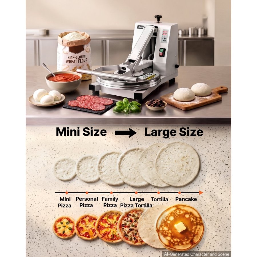 VEVOR Commercial Pizza Dough Press Machine 45cm Electric Dough Sheeter, Ideal for Bakery Home Restaurant Use, 1200W Cast Aluminum Pastry Press Plate, Adjustable Thickness Bread Forming Presser