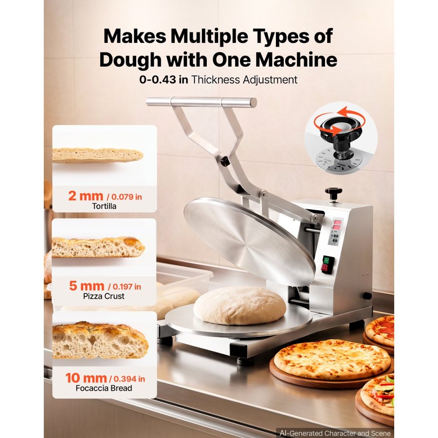 VEVOR Commercial Pizza Dough Press Machine 45cm Electric Dough Sheeter, Ideal for Bakery Home Restaurant Use, 1200W Cast Aluminum Pastry Press Plate, Adjustable Thickness Bread Forming Presser