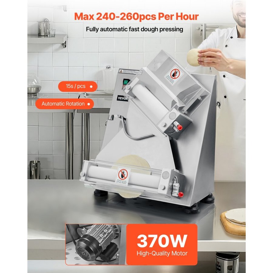 VEVOR Pizza Dough Roller Sheeter, 3-14 Inch Automatic Stainless Steel Pizza Press, Commercial Electric 370W Pasta Maker Machine, 260 pcs Per Hour, Adjustable Thickness, with Dough Press Lid