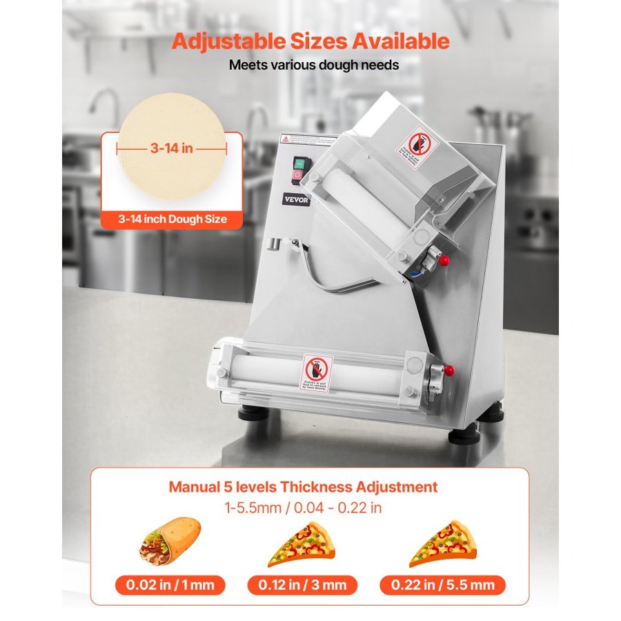 VEVOR Pizza Dough Roller Sheeter, 3-14 Inch Automatic Stainless Steel Pizza Press, Commercial Electric 370W Pasta Maker Machine, 260 pcs Per Hour, Adjustable Thickness, with Dough Press Lid