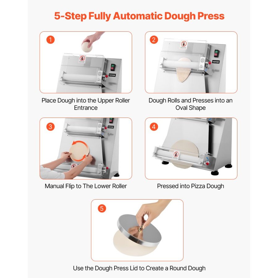 VEVOR Pizza Dough Roller Sheeter, 3-16 Inch Semi-automatic Stainless Steel Pizza Press, Commercial Electric 390W Pasta Maker Machine, 260 pcs Per Hour, Adjustable Thickness, with Dough Press Lid