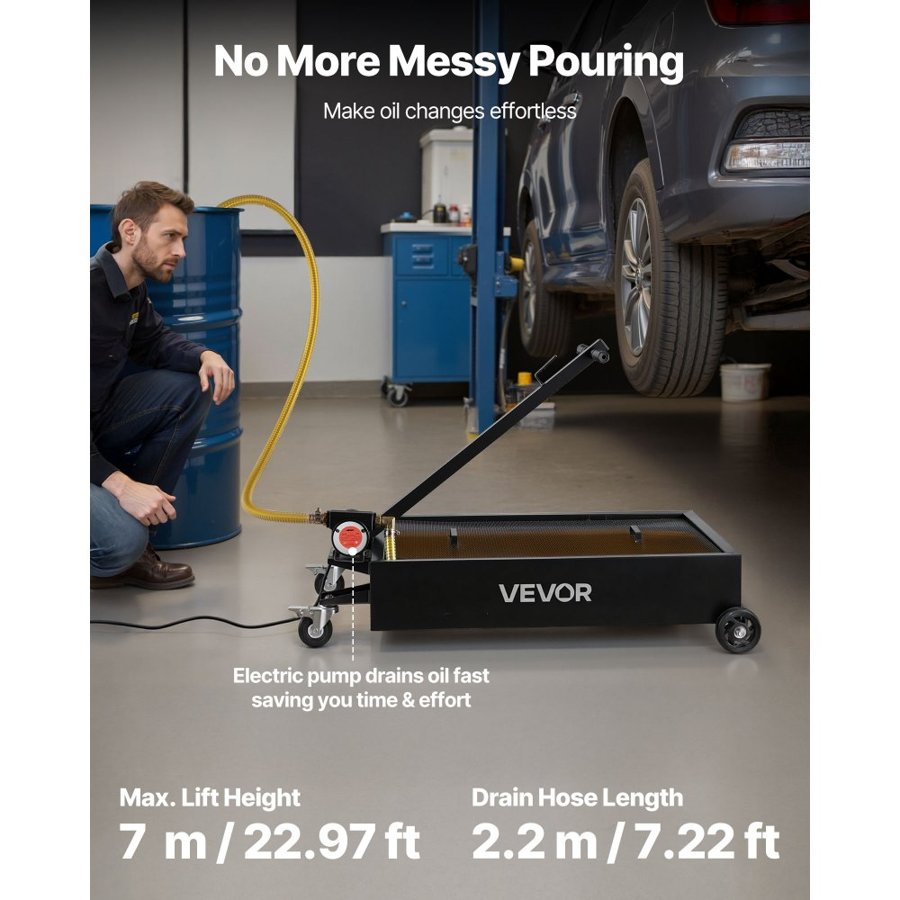 VEVOR Rolling Oil Drain Pan – 15 Gallon, 12V, 7.2 ft Hose