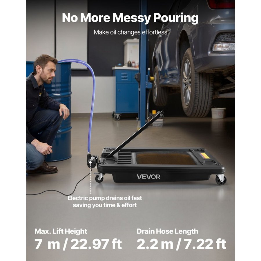 VEVOR Low Profile Oil Drain Pan, 64 L Capacity, Rolling Oil Drain Pan with Electric Pump & 2.2 m Hose, Leak-proof & Corrosion-resistant, Fit for Cars, SUVs, Trucks, Motorcycles, ATVs, Metal