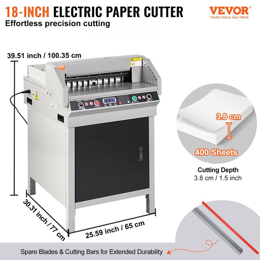 VEVOR Electric Hydraulic Paper Cutter, Heavy Duty Paper Cutter Machine, 1.57 in / 40 mm Cutting Thickness, 18 in / 457.2 mm Cutting Width, Industrial Paper Trimmer with Button Control
