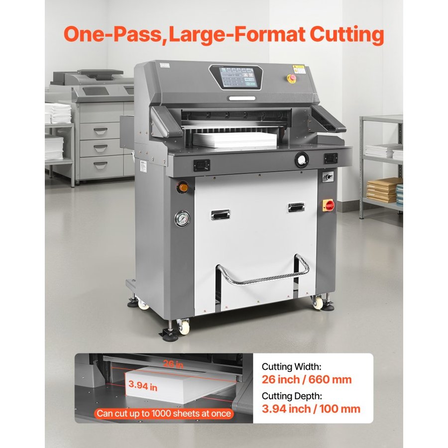 VEVOR Electric Paper Cutter, Metal Hydraulic Paper Cutter Machine, 660 mm Cutting Width, 100 mm Cutting Thickness, Large Size Electric Guillotine Trimmer with Infrared Function and Spare Blade