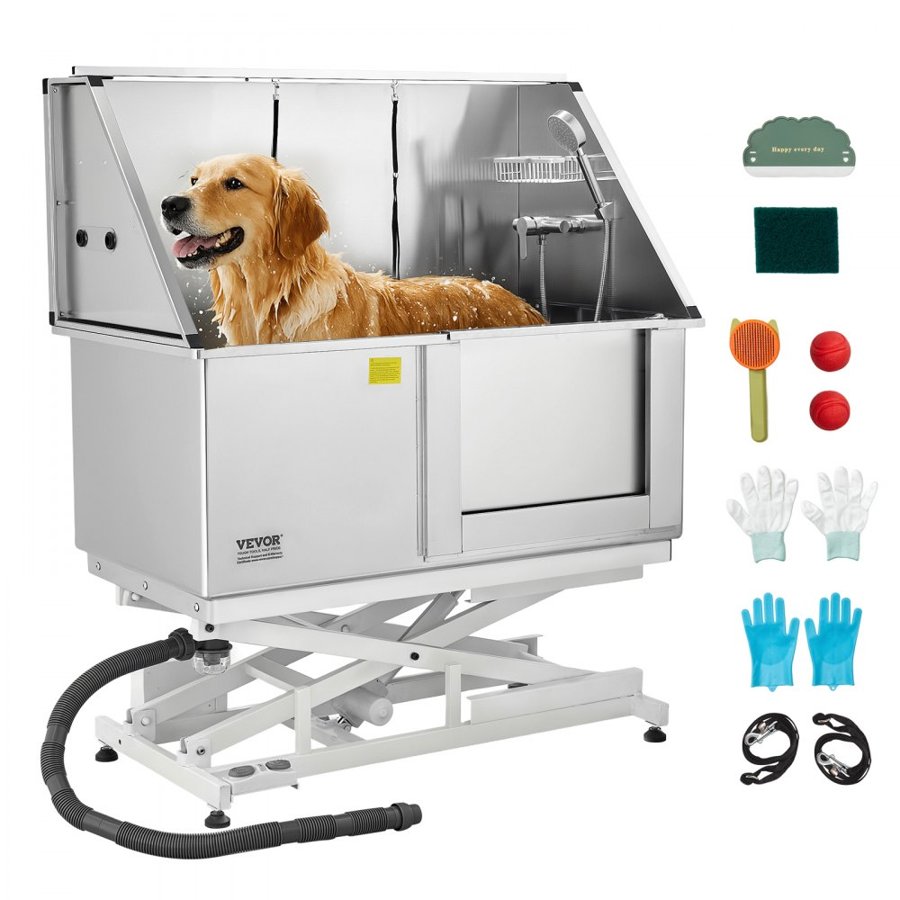 VEVOR Electric Lift Dog Washing Station, 127 cm Professional Stainless Steel Pet Grooming Tub w/ PE Water Filter Board, Faucet & Showerhead Dog Bathtub Washing Sink for Multiple Pets (Right Door)