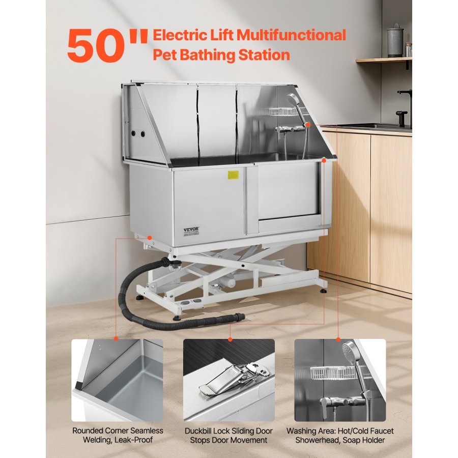VEVOR Electric Lift Dog Washing Station, 127 cm Professional Stainless Steel Pet Grooming Tub w/ PE Water Filter Board, Faucet & Showerhead Dog Bathtub Washing Sink for Multiple Pets (Right Door)