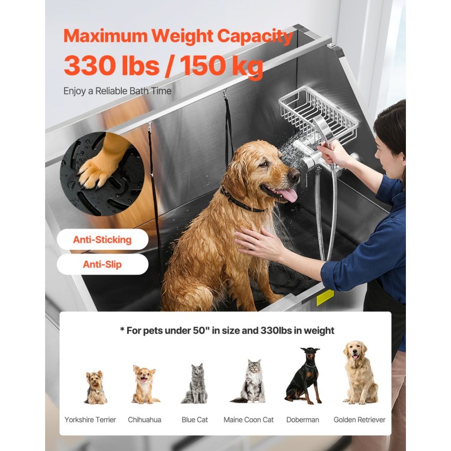 VEVOR Electric Lift Dog Washing Station, 127 cm Professional Stainless Steel Pet Grooming Tub w/ PE Water Filter Board, Faucet & Showerhead Dog Bathtub Washing Sink for Multiple Pets (Right Door)