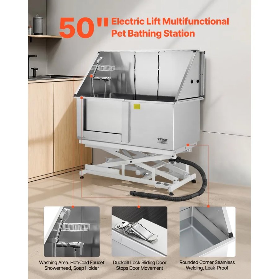 VEVOR Electric Lift Dog Washing Station, 127 cm Professional Stainless Steel Pet Grooming Tub w/ PE Water Filter Board, Faucet & Showerhead Dog Bathtub Washing Sink for Multiple Pets (Left Door)