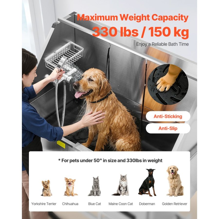 VEVOR Electric Lift Dog Washing Station, 127 cm Professional Stainless Steel Pet Grooming Tub w/ PE Water Filter Board, Faucet & Showerhead Dog Bathtub Washing Sink for Multiple Pets (Left Door)