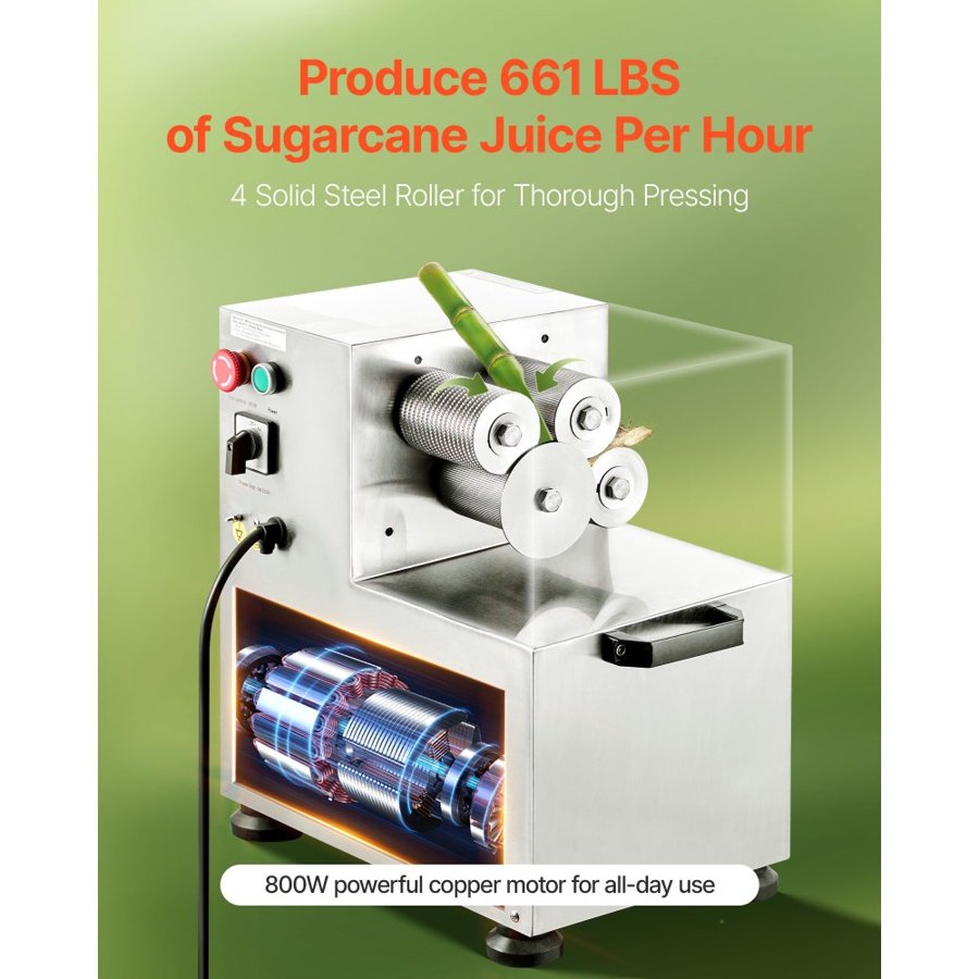VEVOR Commercial Sugar Cane Juicer, 800W Electric Sugarcane Juicer Machine with 300KG/H High Output, 4 Stainless Steel Rollers, Sugar Cane Press Juice Extractor Squeezer for Home/Commercial Use