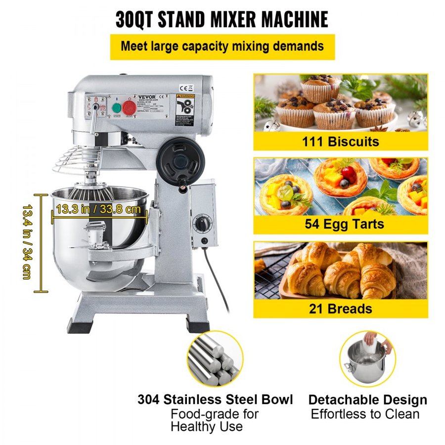 VEVOR Commercial Stand Mixer, 28.4 L Stainless Steel Bowl, 1500W Heavy Duty Electric Food Mixer with 3 Speeds Adjustable 108/199/382 RPM, Dough Hook Whisk Beater Included, Perfect for Bakery Pizzeria