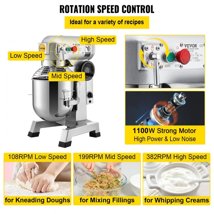 VEVOR Commercial Stand Mixer, 28.4 L Stainless Steel Bowl, 1500W Heavy Duty Electric Food Mixer with 3 Speeds Adjustable 108/199/382 RPM, Dough Hook Whisk Beater Included, Perfect for Bakery Pizzeria