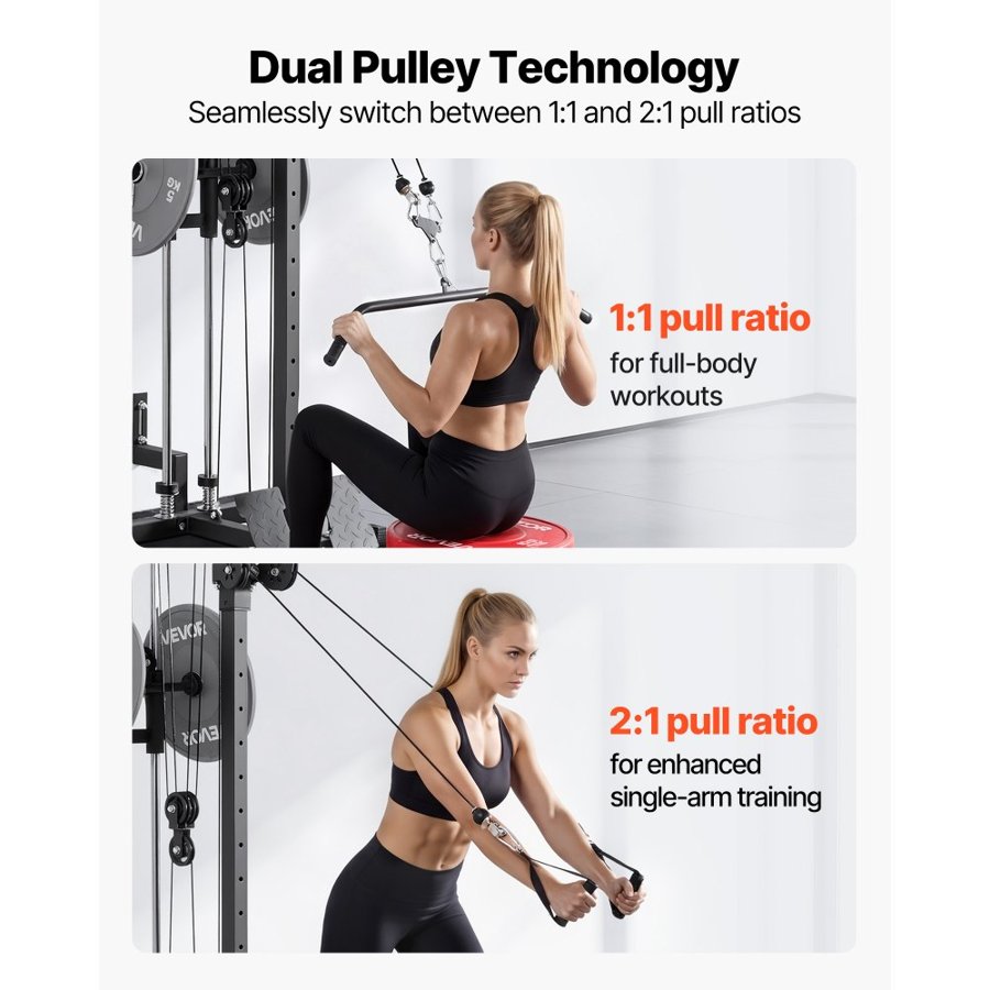 VEVOR LAT Pull Down Machine, 3-in-1 Row Cable Machine, Cable Machines Home Gym with 18-Level Height Adjustment, Wall-Mount Design, Load 227kg Lat Tower for Full-Body Workouts, Single-Arm Training