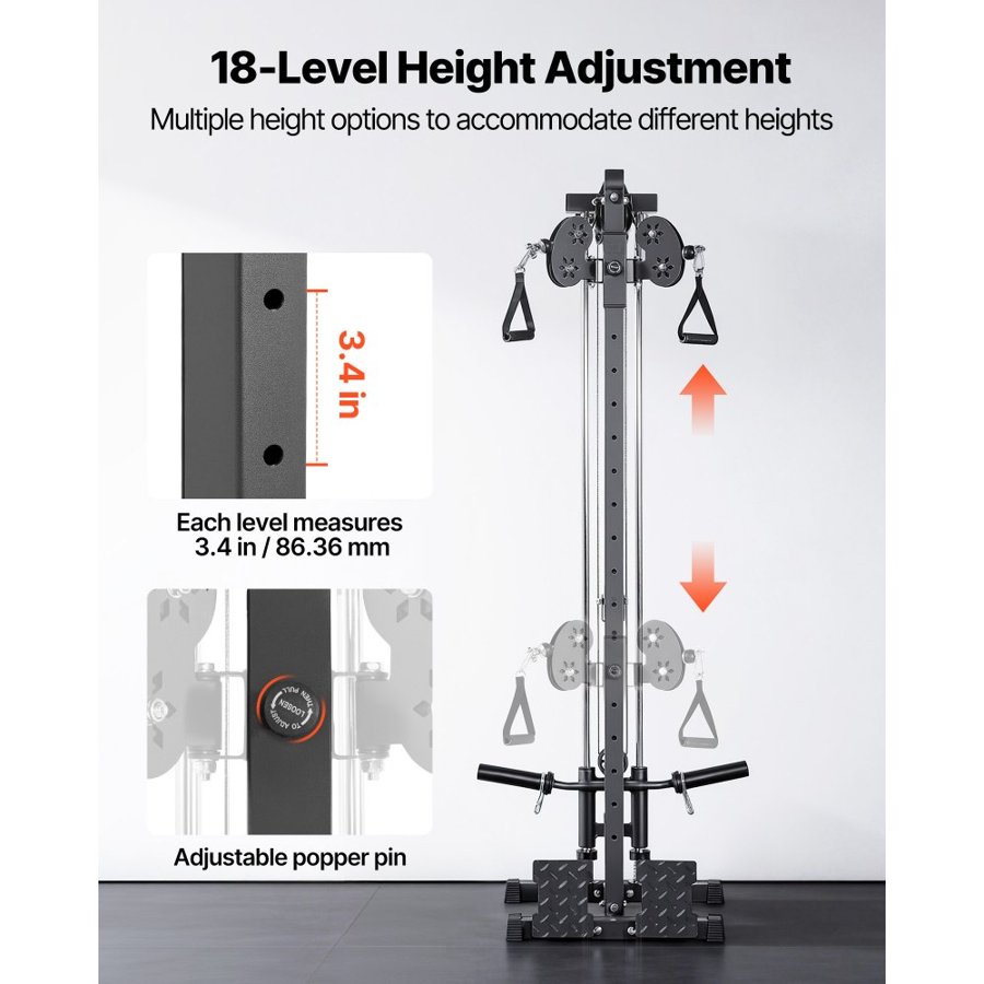 VEVOR LAT Pull Down Machine, 3-in-1 Row Cable Machine, Cable Machines Home Gym with 18-Level Height Adjustment, Wall-Mount Design, Load 227kg Lat Tower for Full-Body Workouts, Single-Arm Training