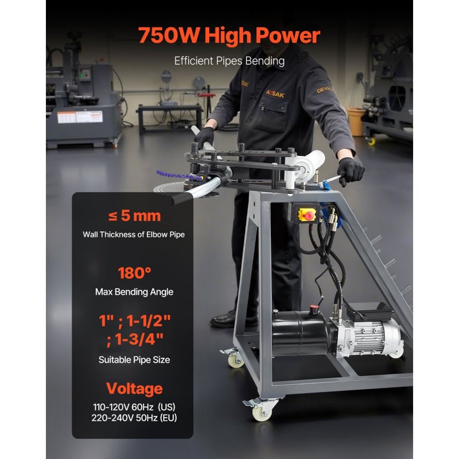 VEVOR Electric Tube Bending Machine, 750W Electric Tubing Bender with 6L Hydraulic Cylinder, Movable Pipe Bender Machine with 3 Dies & 180° Max Bending Angle, Suitable for 25.4mm, 38.2mm, 42mm Pipes