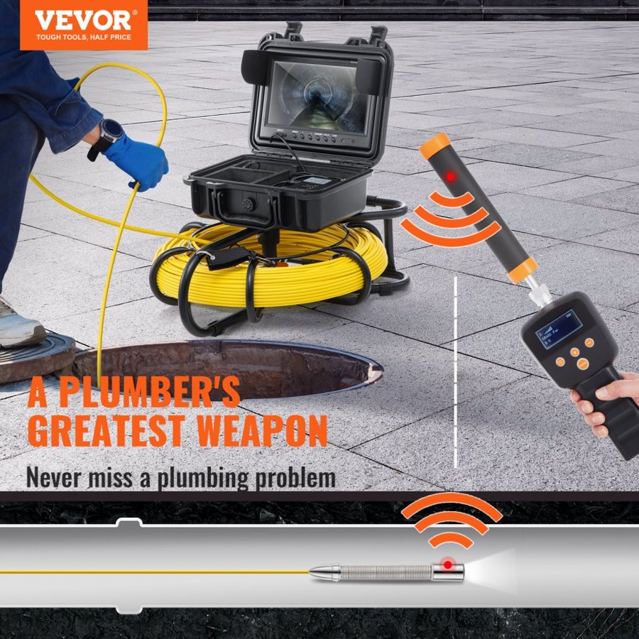 VEVOR Camera for Drain Pipes – 9" 720p, 512Hz Sonde, 300 ft